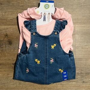 NEW NWT Little Me Kid Girl Denim Overalls Pink Shirt Pants 4-Piece Set size 12M
